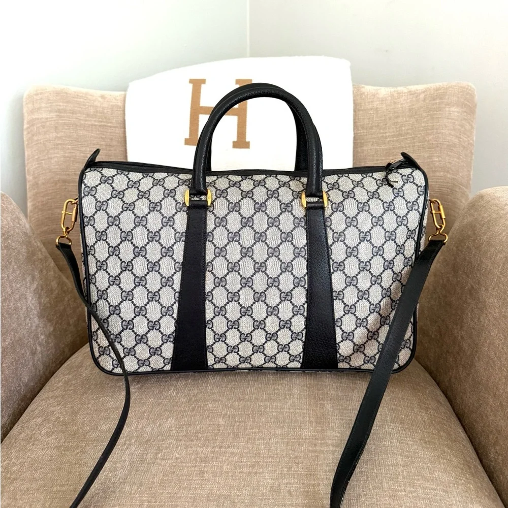 Authentic Gucci GG Supreme coated canvas  Boston Bag Satchel navy grey canvas